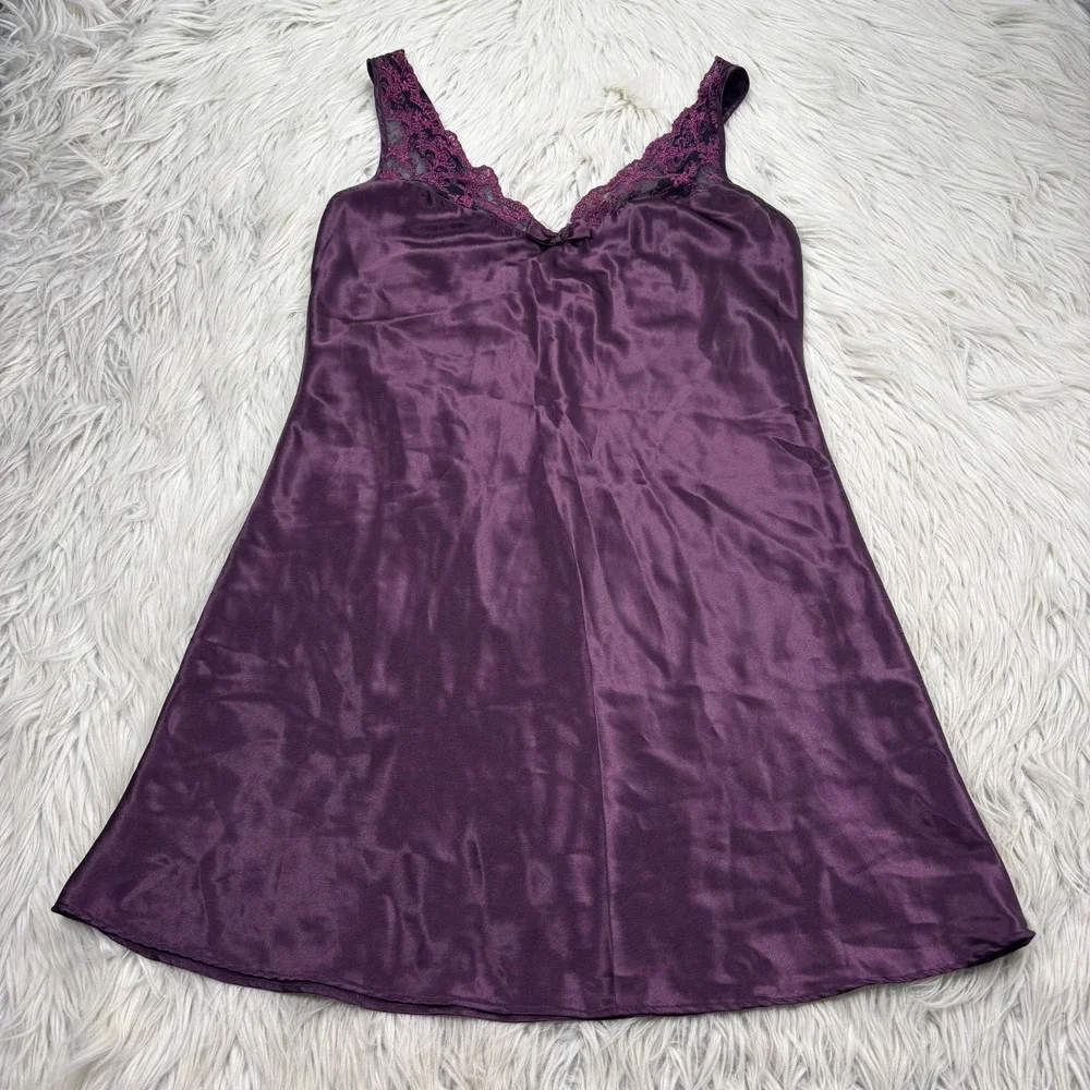 Vintage Expressions S Purple Satin‎ Lace Trim Slip Dress Coquette Vamp Grunge